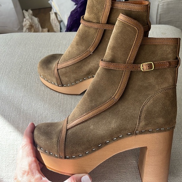 Anthropologie Swedish Hasbeens NWT Tan Suede Sophisticated Jodhpur Booties Clog - Picture 5 of 13